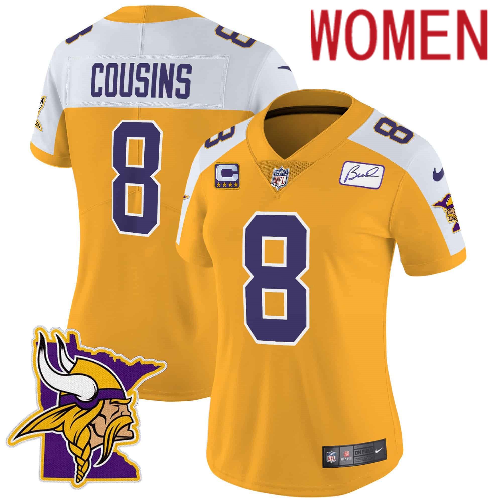 Women Minnesota Vikings #8 Cousins Yellow 2024 Nike Patch Classic Limited NFL Jersey->women nfl jersey->Women Jersey